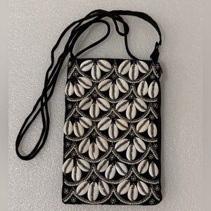 Bamboo Trading Company Black & White Beaded Cowrie Shell Crossbody Wristlet Bag